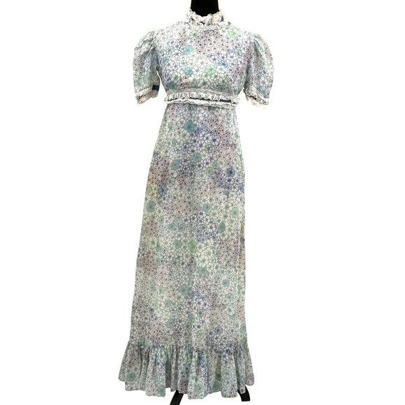 Vtg‎ 70s Floral Maxi Dress John Charles M Modest High Neck Lace Coquette Girlie - Picture 1 of 8